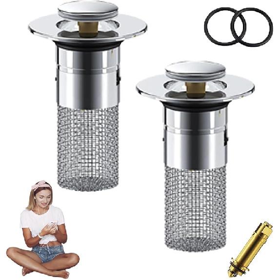 Timnamy Drain Filter,Timnamy Sink Drain,Bathroom Sink Stopper Hair Catcher, Pop Up Sink Drain Filter With Removable Stainless Steel Filter, Bathroom 2pcs