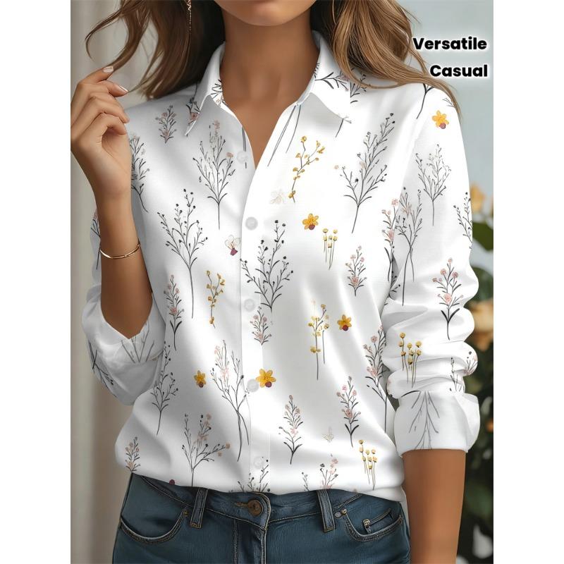 New fashionable women's button-up shirt with various colorful flowers and branches prints on white background, spring and autumn casual tops