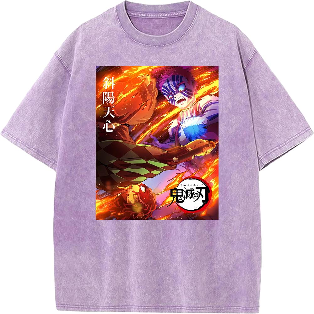 Demon Slayer Tanjirou Akaza Printed Tshirt Men Washed Cotton T-shirts Oversized Streetwear Manga Vintage Tee Harajuku Male Tops