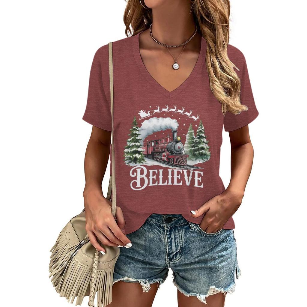 Believe Christmas Train Tops  Tees Vneck Short Sleeve Soft Tee Merry Christmas Tree Graphic T Shirts Women Xmas Gift Clothes