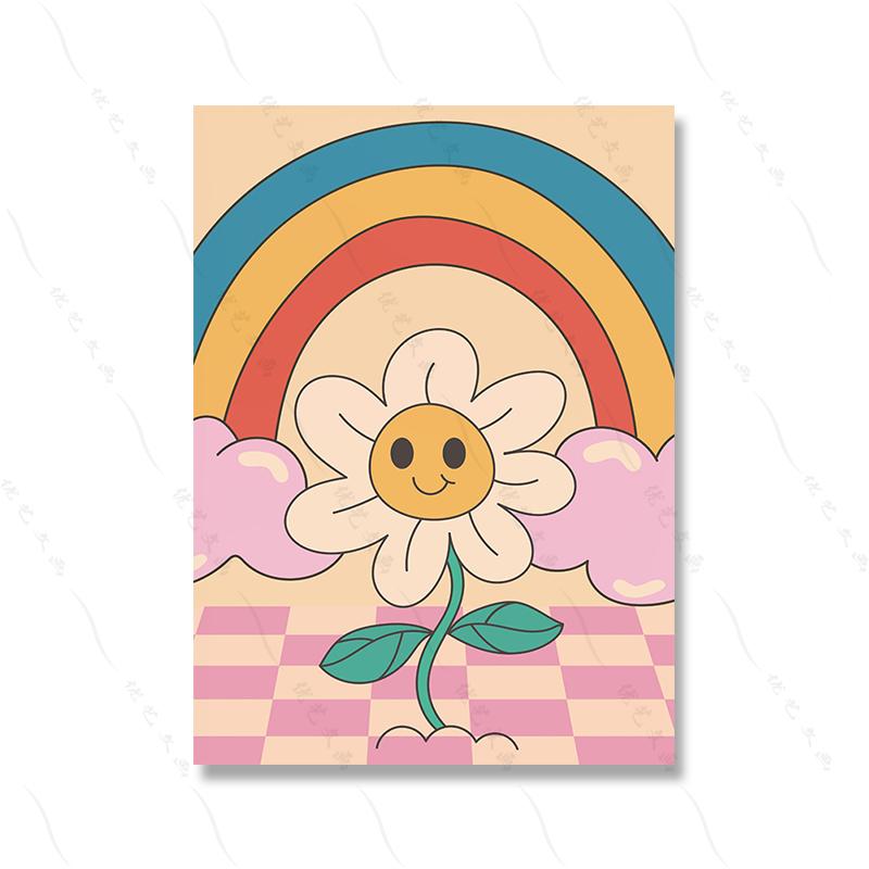 Groovy Retro Wall Art Gallery Picture Set Hippie Poster Print Kids Room Rainbow Cartoon Flower Cute Canvas Painting Home Decor