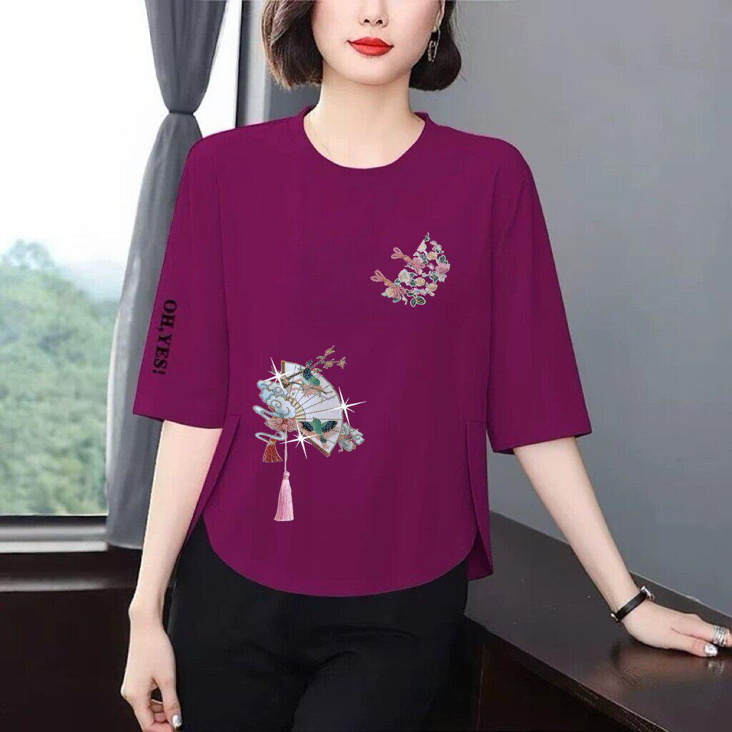 Trendy Printed 3/4 Sleeve T-Shirt for Moms: Loose, Slimming, Belly-Covering, Age-Reducing Top for Middle-Aged and Elderly Women