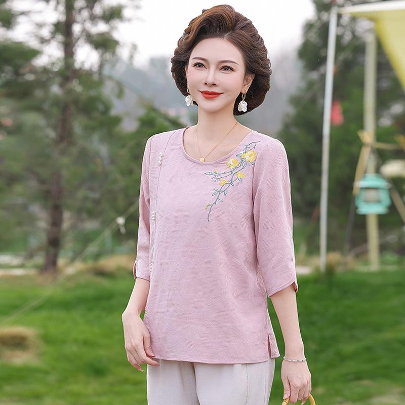 Mom's 2026 Chinese Embroidered Mid-Sleeve Shirt - New Loose Slimming Top for Middle-Aged Women
