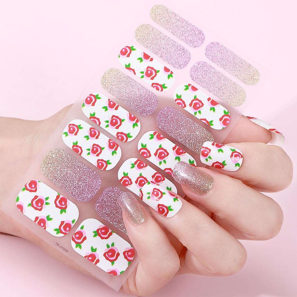 16tips DIY Baking-Free Nail Stickers Spring Flowers Adhesive Nail Strips Patch Slider Full Cover Nail Decoration Decal