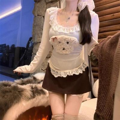 Kant Gebreid T-shirt voor Dames in Herfst en Winter Nieuwe Stijl Basis Shirt met Korte Top