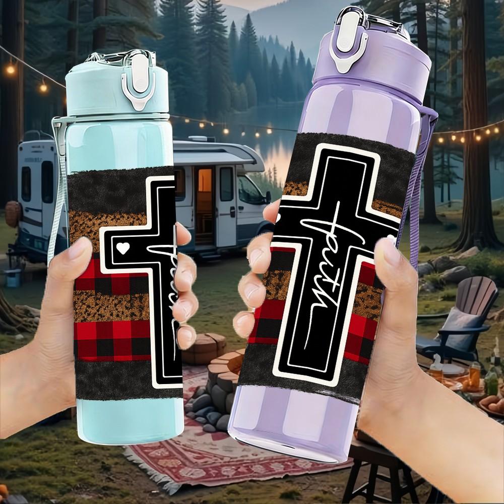1PC Plaid Cross Religious Print 750ml Color Plastic Sports Water Bottle Leakproof Flip Straw Lid Suitable for Sports Office Home Use