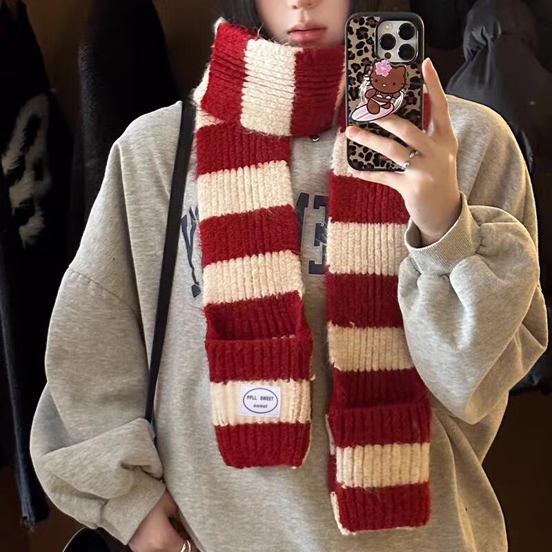 Korean Style Red and White Striped Knitted Scarf