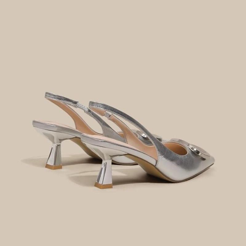 Fashion Women's Sandals Summer New High-heeled Pointed Metal Decorative Baotou Slip-up Slippers Fashion Temperament