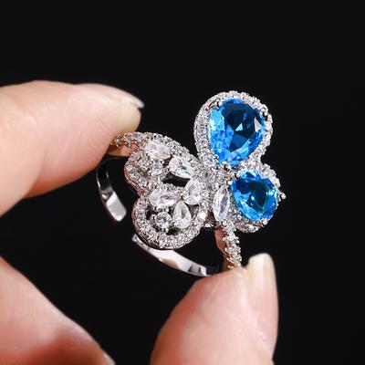 Anello a Farfalla Zaffiro Profondo Marino Personalità Femminile Temperamento Topazio Blu Imitazione Apertura Regolabile