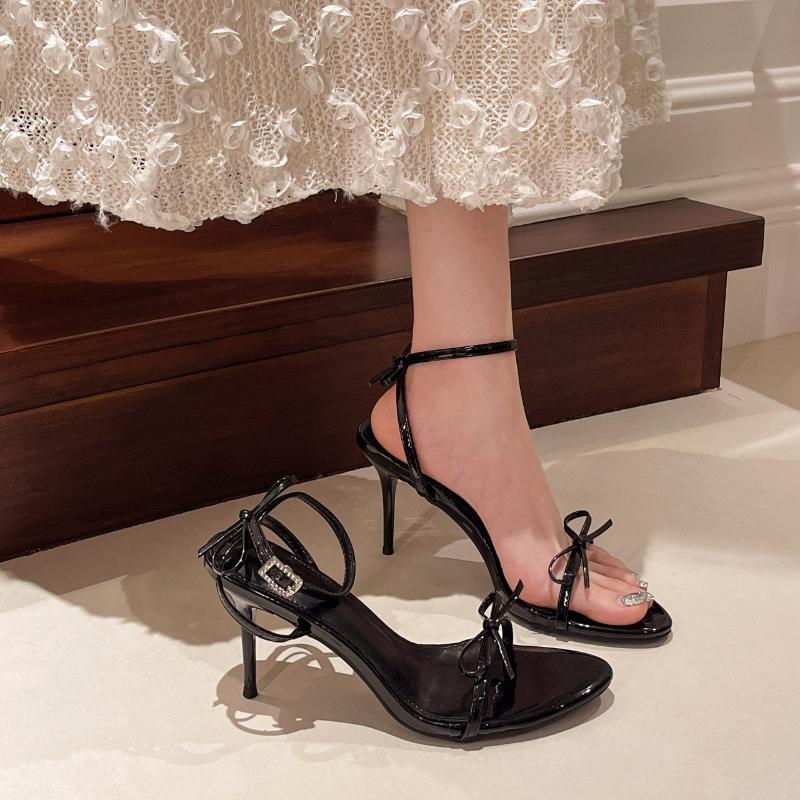 

2025 Новые летние модные однотонные босоножки с тонким ремешком, сексуальные туфли-шпильки с открытым носком, элегантные вечерние туфли с бантом на высоком каблуке 42 чёрный