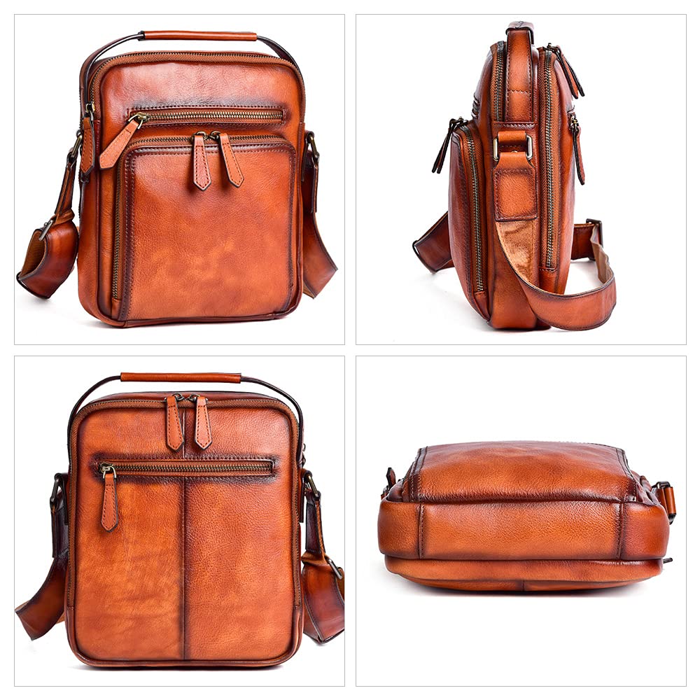 Whatna Antique-Style Tanned Natural Cowhide Leather Shoulder Bag for Men, 2-Way, Crossbody, Handbag, Two-Compartment Vertical Design, Genuine