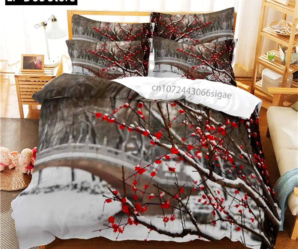 Zestaw pościeli ze sceną zimową Zestaw poszewek na kołdrę Pościel Cyfrowy nadruk Poszewka na kołdrę Rozmiar King Queen Zestaw pościeli Modny design 3-częściowy