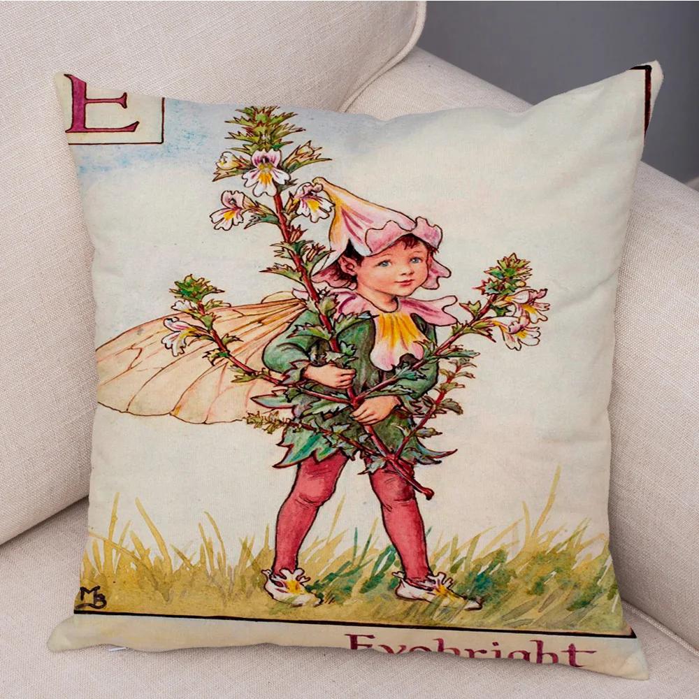 Vintage Floral Girl Pillowcase Decor Cute Cartoon Flower Elf Fairy Tale for Sofa Home Pillow Case Soft Plush Cushion Cover