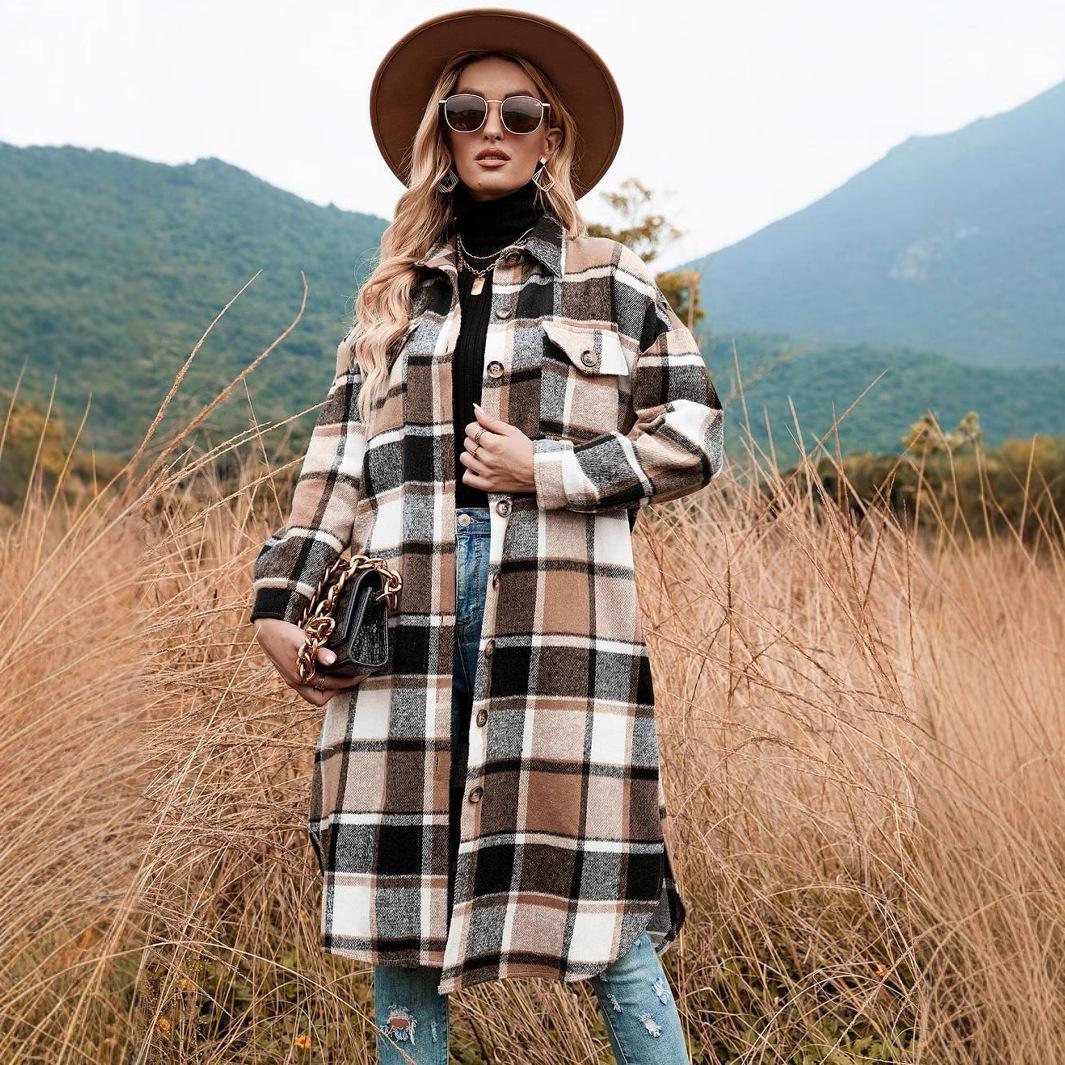 

GMXIA женские винтажные повседневные куртки и пальто с воротником в клетку с клетчатым принтом, осенне-зимние куртки-поло с длинными рукавами и пальто XXL хаки