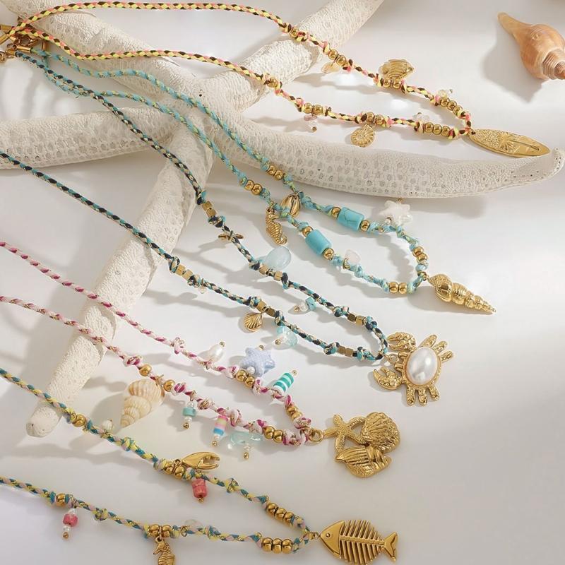 Minimalist Seashells Neckchain Adjustable Length Colorful Rope Stainless Steel Pendant Necklace Casual Wear Jewelry
