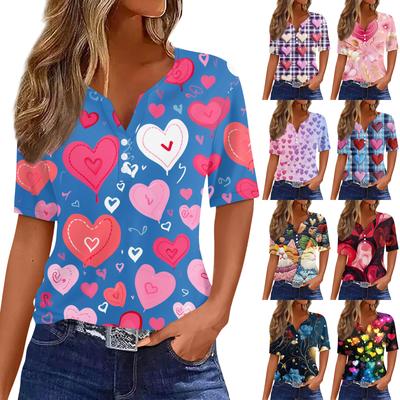 T-shirt pour femme T-shirt Imprimé Saint-Valentin Bouton Manches Courtes Tunique Mode Quotidienne Week-end Basique Col en V Coupe Régulière