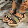 Women Ethnic Style Beaded Toe Loop Sandals Woven Straw Sole Flat Beach Shoes with Decorative Ankle Strap and Embellishments