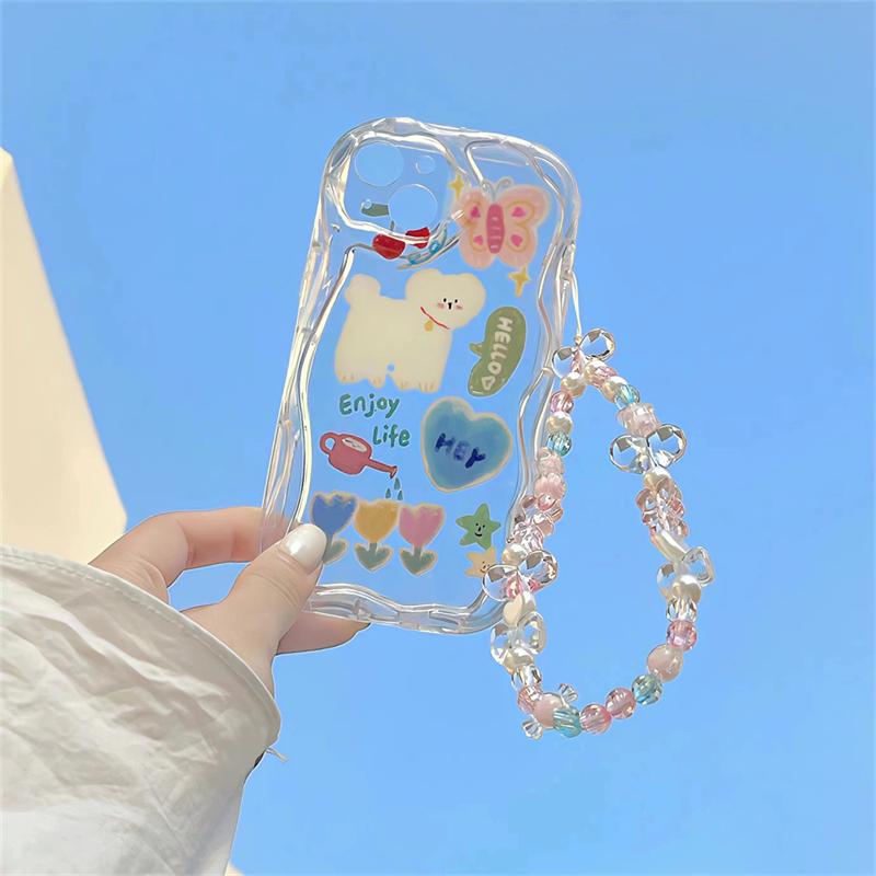 Korean Cute Graffiti Puppy Butterfly Love Heart Bracelet Phone Case For Iphone 14 13 12 11 Pro Max Clear Shockproof Soft Cover