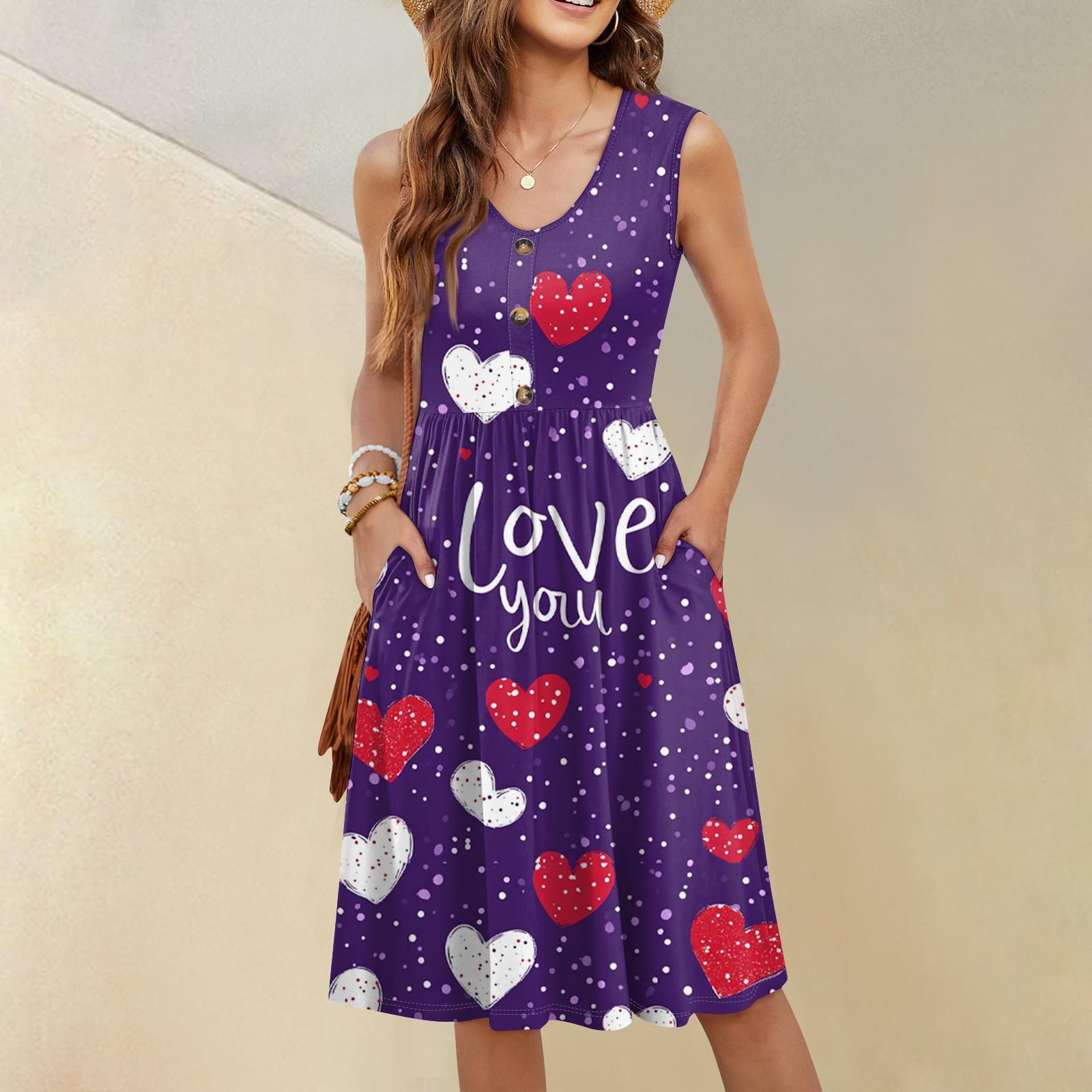 Women s Casual Fashion Sexy V-Neck Button Decoration Sleeveless Valentine s Day Tunic Dress S