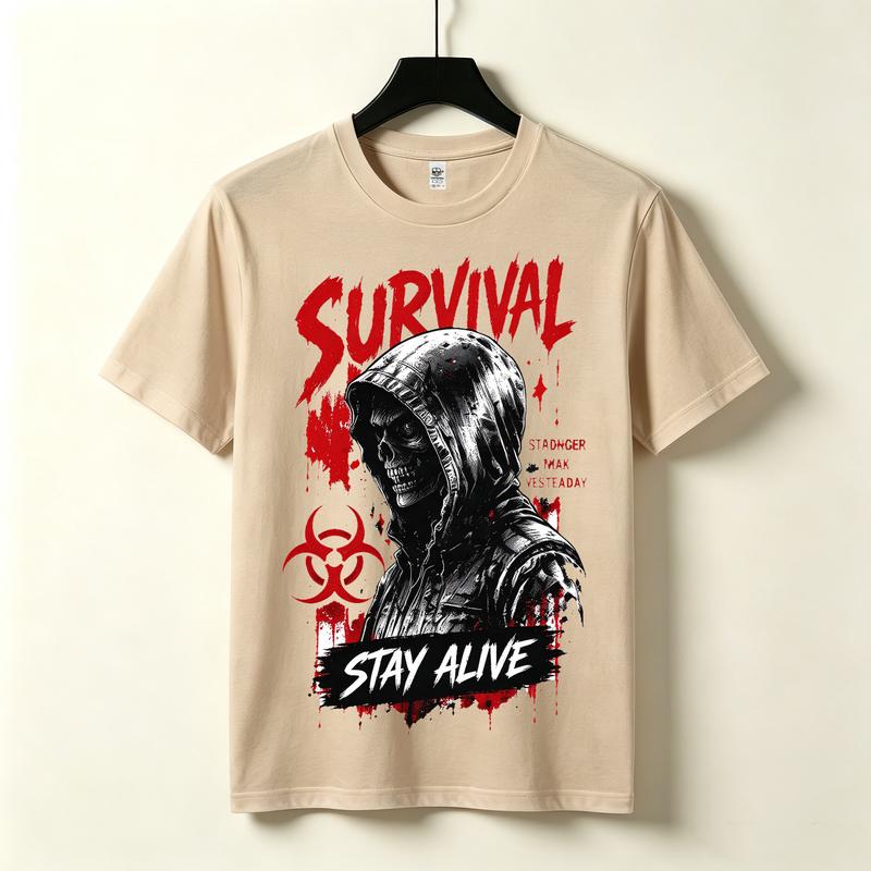 Survival Stay Alive Graphic Tshirt Skull Hood Biohazard Symbol Print Dark Grunge Gothic Streetwear Edgy Casual Urban Top
