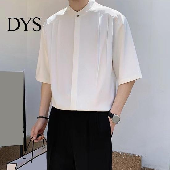 Formal Men Shirt Summer Stand Collar Ice Silk Solid Color Pleated Loose Fit Everyday Top Cardigan Half Sleeves Mid Length Casual Business Mature