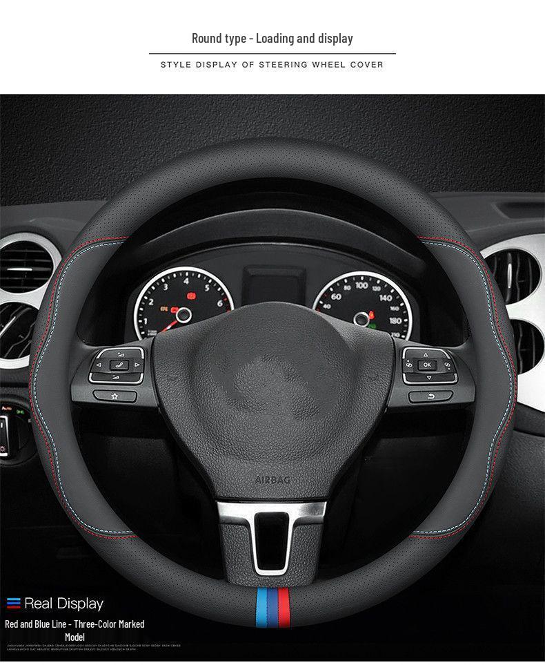 Genuine Leather D-Shaped Steering Wheel Cover - Ultra-thin, Breathable, Anti-slip, Sweat-absorbing, All-season, Universal Fit.