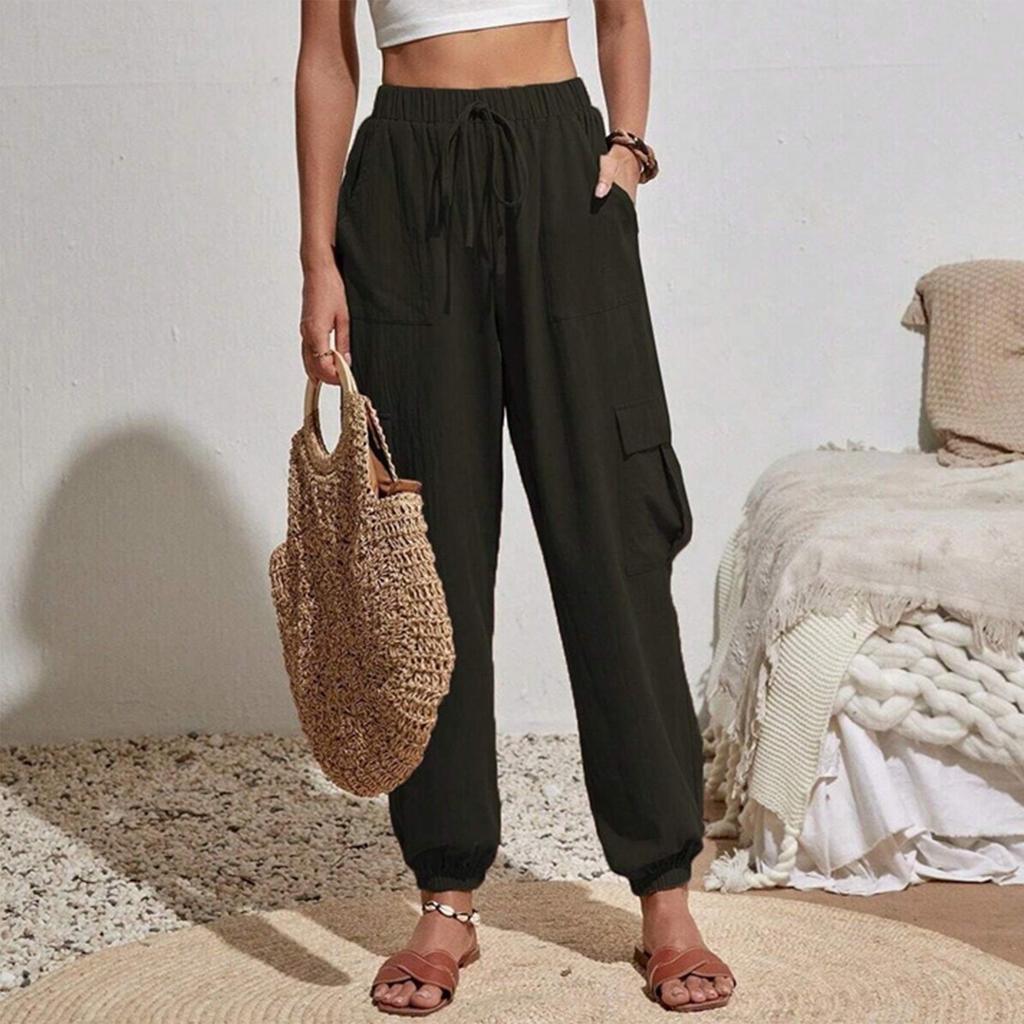 Women's Fashionable Solid Color Elastic Waist Pocket Versatile Casual Work Pants