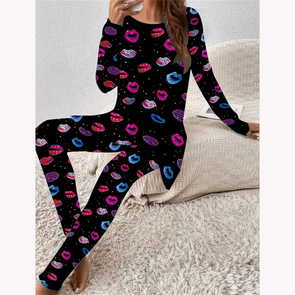 Moda Euroamerykańska Wzór 3D Love Nadruk Damski Czterosezonowy T-shirt z Długim Rękawem + Długie Spodnie Zestaw Dwuczęściowy. Idealny prezent na Walentynki