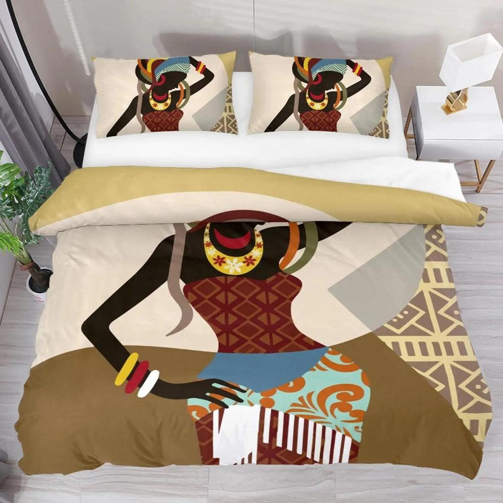 African Woman Bedding Set Vintage Africa Country Comforter Cover for Boys Girls Teens Boho Style Exotic Nation Microfiber