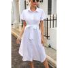 European and American Commuters' Young Polo Collar Single Breasted White Elastic Waistband Lace-up Split Short Sleeve Dress Women Dress
