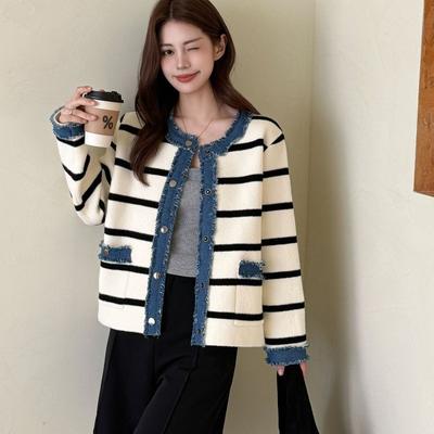 Striped Splicing Denim Knitted Double-sided Woolen Cardigan Autumn and Winter New Design Loose Sweater Jacket Women