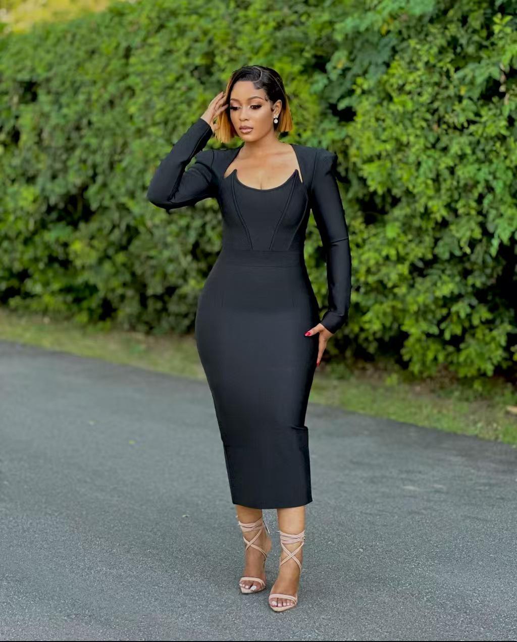 

Women s Horn Square Neck High Elastic Long Sleeve Bandage Dress M чорний