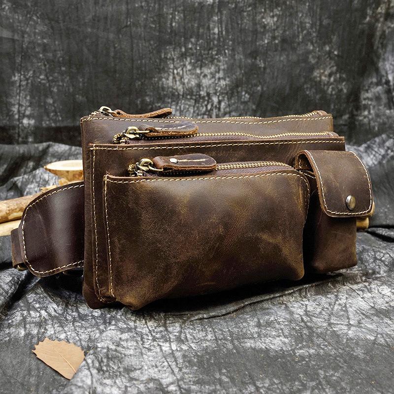 Retro Leather Waist Bag, Men's Crazy Horse Leather Chest Bag, Multifunctional Cowhide Crossbody Bag, Three-layer Cashier Bag