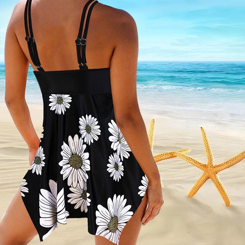 Dámské plavky s ramínky, krásná záda, růžové plavky s potiskem karafiátů, bikiny, krátký tank top