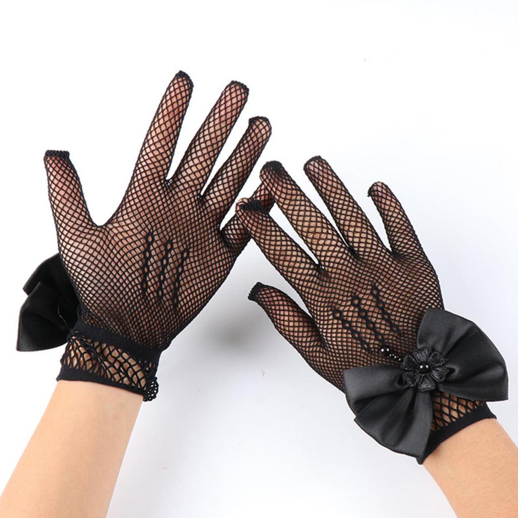 Kids Party Lace Pearl Fishnet Gloves Communion Flower Girl Party Mittens Children's Mittens High Elasticity Mesh Bow Gloves