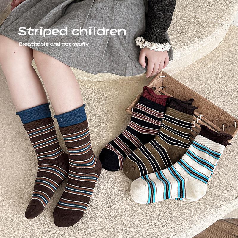 Meilade Autumn 2025 Striped Double Ribbed Socks for Women & Kids - 4 Pack