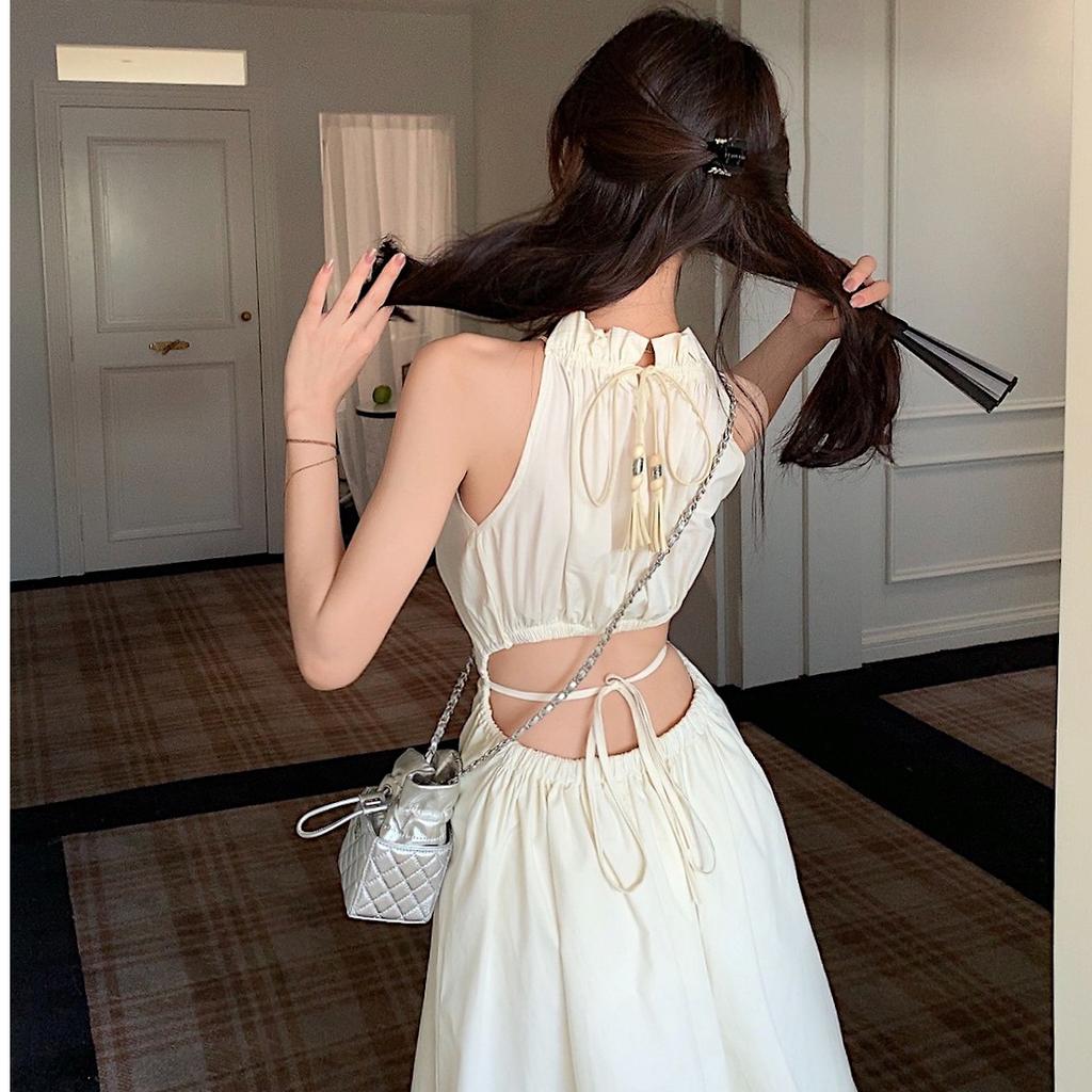 French Temperament Back Hollow Neck Sling Dress Women's Summer Waist Seaside Vacation Wind Sleeveless Beach Dress