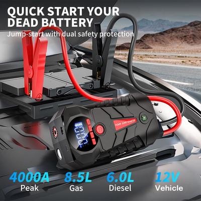4000A Jump Starter with Air Compressor, 4-in-1 Portable Lithium Boost Box, 150PSI Inflator & LED Light