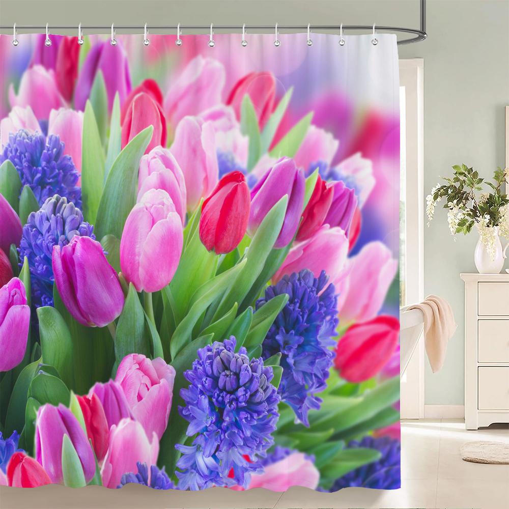 3d Tulip Fresh Flowers Shower Curtains Bathroom Waterproof Floral Bath Curtain Polyester Cloth With Hooks Decorative Bath Screen