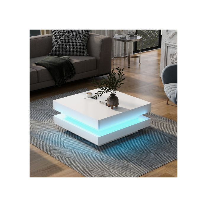 Mesa de centro cuadrada - MUVOE - Blanca - Iluminación LED Bluetooth - 70x70x36 cm - Carga máx. 45kg