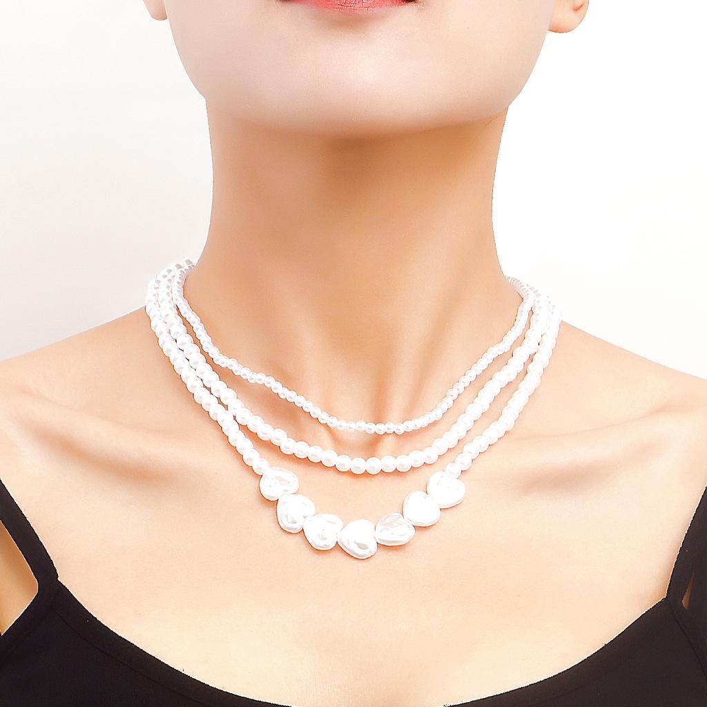 Europe, America, Multi-layer Bright Baroque Imitation Heart-shaped Pearl Neck Chain Necklace Jewelry Women, Cold Wind Sweater Chain