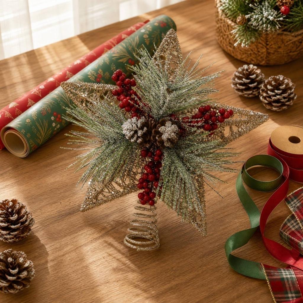 Christmas Wreath with Star Berries and Needles Tree Topper Decor