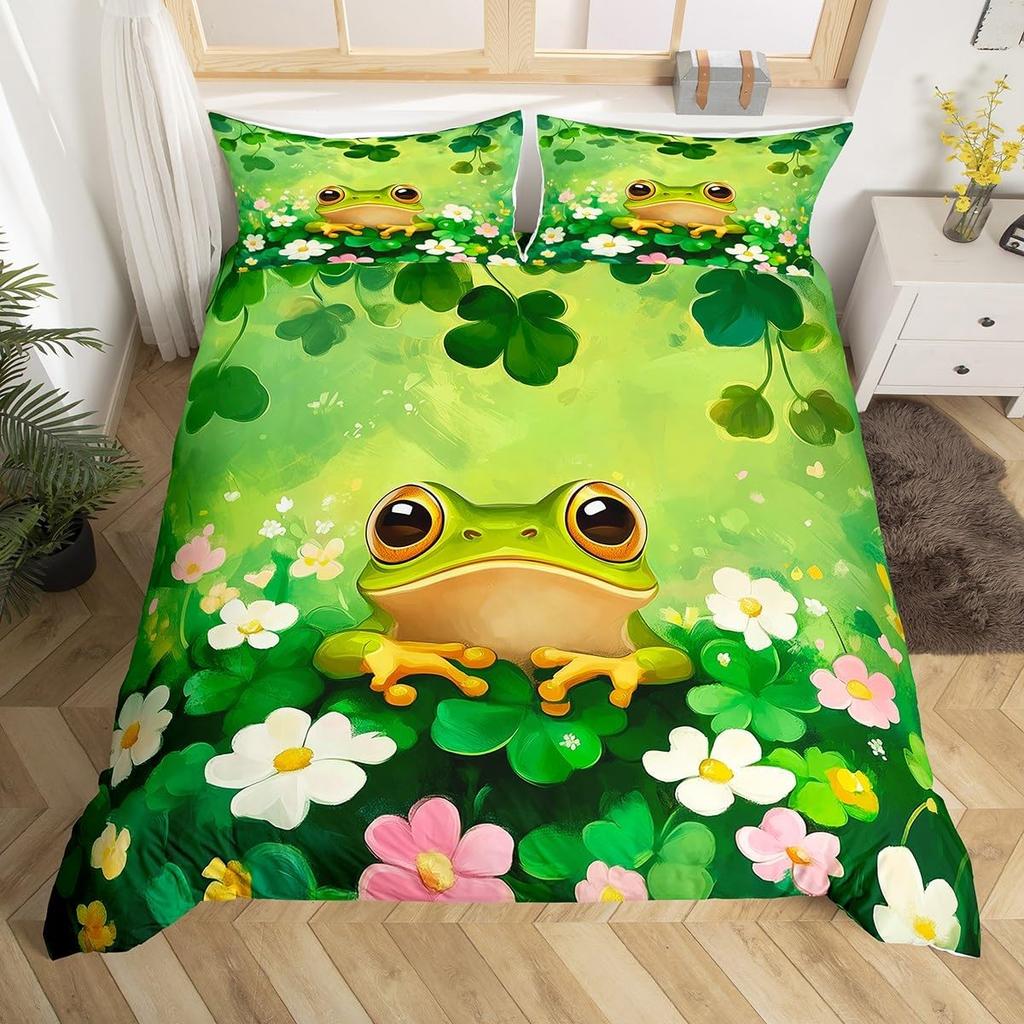 Kawaii Frog Duvet Cover Cute Frog Bedding Set For Boys Girl Blossom Flowers Floral Comforter Cover Cartoon Farm Animal Bed Cover