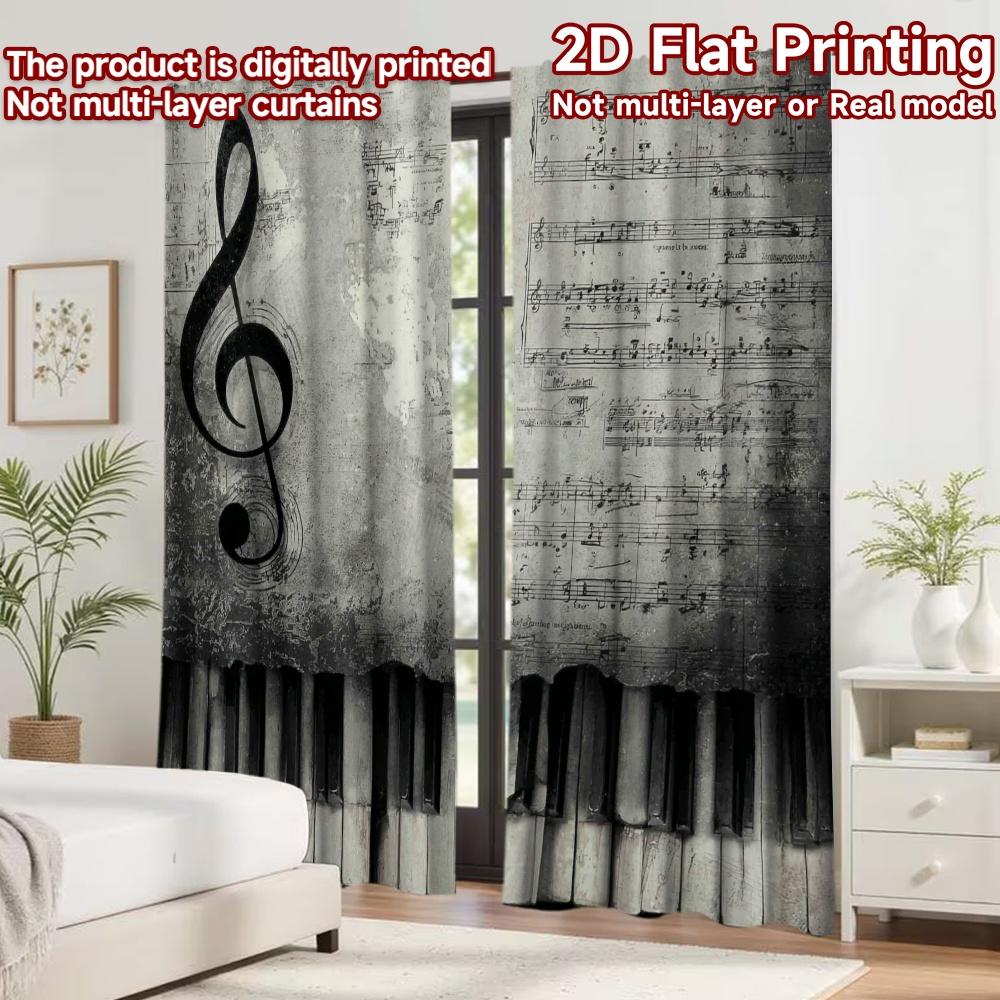 2D Flat Printing 2pcs Curtain Curtain Vintage Music Notes and Piano Digital Printed Polyester Drapes Seasonal Party & Holiday