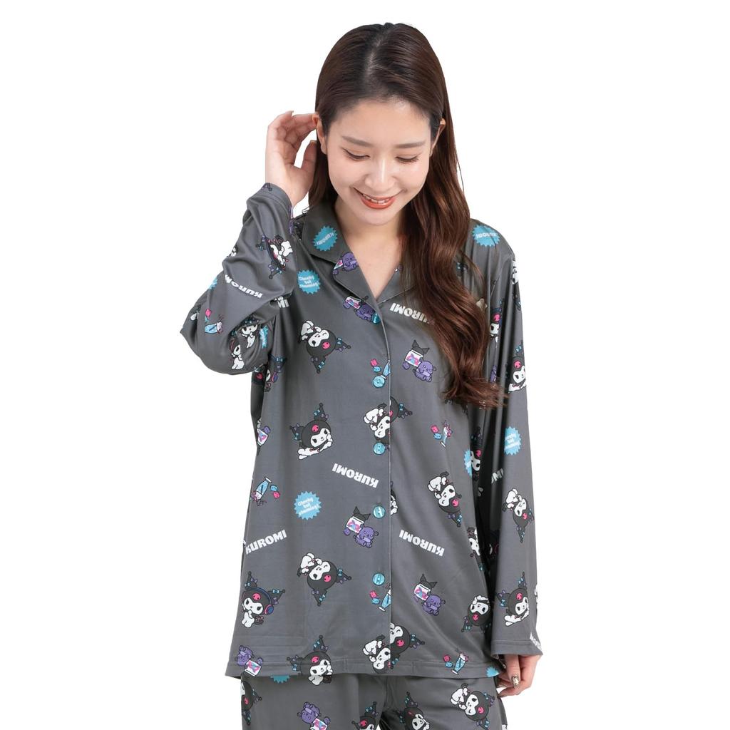 Kuromi Shirt Powder Long Long Top and Bottom Room MUSIC Kuromi [SAZAC] Pajamas, Stretch, Women's, Sleeves, Pants, Set, Wear, Loungewear,