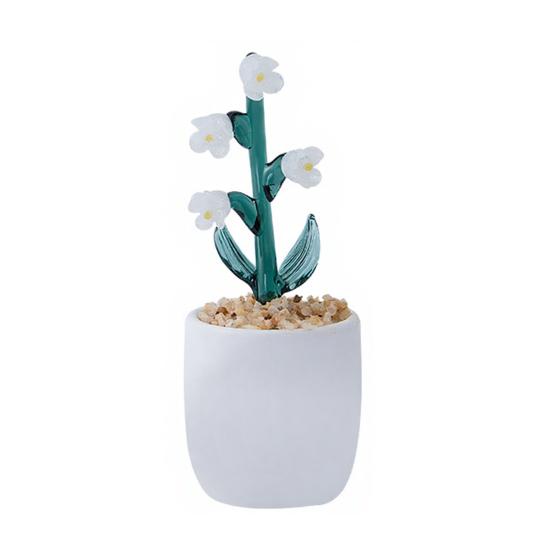 Hand Blown Mini Glass Flower Figurine Faux Crystal Small Lily of The Valley Flower with Pot for Wedding Mother's Day Office Home Table Centerpiece