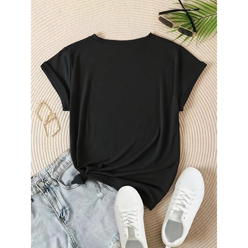 Modny Damski T-shirt z Nadrukiem Liter, Okrągły Dekolt, Rozmiar Europejski - Swobodny, Wygodny Top z Krótkim Rękawem na Wiosnę i Lato - Do Codziennego Użytku