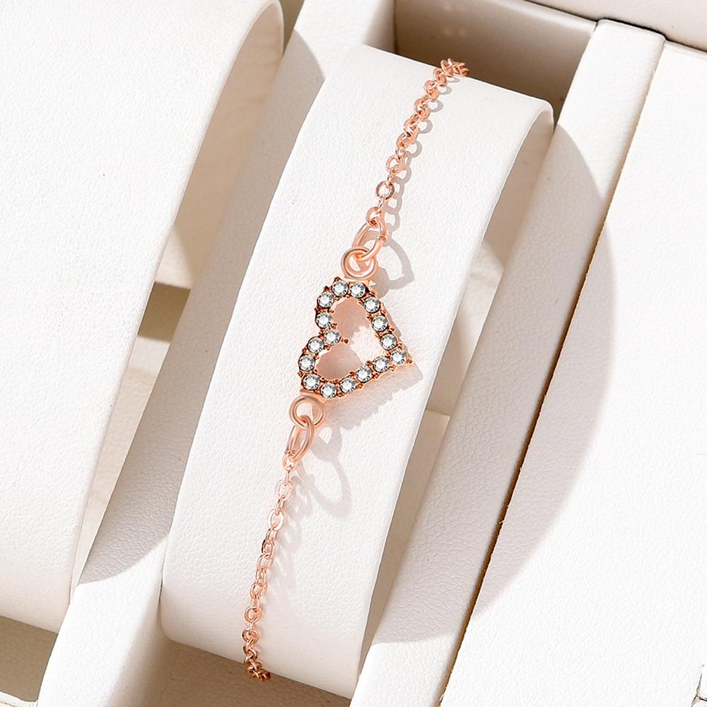 Gold Copper Two Color Women Fashion Peach Heart Studded Diamond Heart Necklace Earrings Bracelet Hollow Heart Shaped Zircon Set