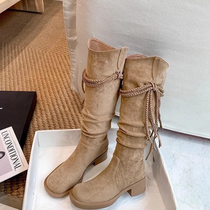 2025 retro versatile wasteland fringed knight boots thick heel but knee long boots slim pile high boots women