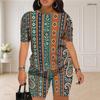 Women Plus Size Paisley Floral Printed Round Neck Short Sleeve Top And Shorts Two Piece Set